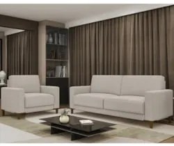 Sofá 3 Lugares 214cm Com 02 Poltronas Zaire Z32 Linho Areia    - Mpoze