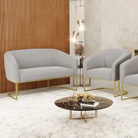 Sofá Namoradeira e Poltrona Base Industrial Dourado Stella Veludo D03 - D'Rossi - Cinza