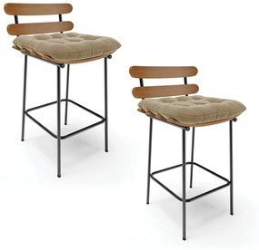 Kit 02 Banquetas Costela Suede Marrom Rato Base Metálica Preto - D'Rossi