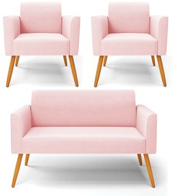 Sofá Namoradeira com 2 Poltronas Pés Palito Castanho Marisa Suede Rosa Bebê D03 - D'Rossi