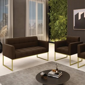 Kit 1 Sofá Namoradeira e 1 Poltrona Elisa Suede Marrom Base Metálica Industrial Dourado - D'Rossi