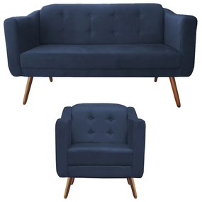 Kit Sofá Namoradeira + Poltrona Bruna Suede Azul Marinho Pé Palito
