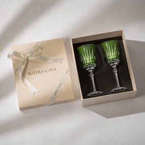 Kit 2 Taças de Cristal Flauta Lapidado 66 p/ Vinho Tinto c/ Caixa de Presente - Verde Claro Verde Claro