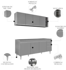 Armário Cozinha e Balcão Para Pia 180cm Dallas Cinza        - Lumil
