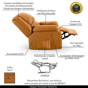 Poltrona do Papai Reclinável Sala de Cinema Madrid Power Touch USB PU Whisky  G23 - Gran Belo