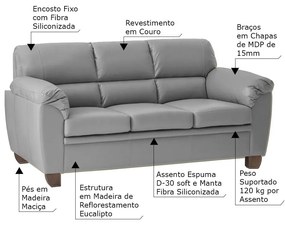Conjunto de Sofás 2 e 3 Lugares Sala de Estar Pés em Madeira Nauru Couro Cinza G43 - Gran Belo