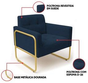 Poltrona Sala Industrial Alta Tubo Dourado Elisa Suede D03 - D'Rossi - Azul Marinho