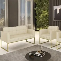 Sofá Namoradeira e 1 Poltrona Base Industrial Dourado Ana Veludo Luxo