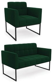Sofá Namoradeira e Poltrona Industrial Preto Elisa Bouclê D03 - DRossi - Verde