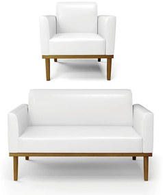 Sofá Namoradeira com Poltrona Base de Madeira Fixa Castanho Marisa Corano D03 - D'Rossi - Branco