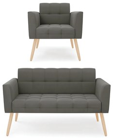 Kit 1 Sofá Namoradeira e 1 Poltrona Elisa Suede Grafite Pés Palito Natural - D'Rossi
