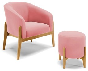 Poltrona com Puff Base de Madeira Stella Suede Rosê D03 - D'Rossi