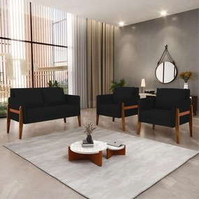Kit 1 Sofá Namoradeira e 2 Poltronas Lana Linho Preto A79 Base de Madeira