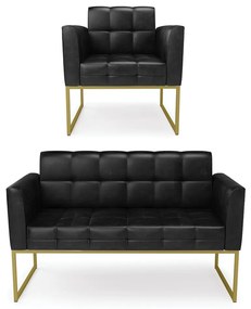 Kit 1 Sofá Namoradeira e 1 Poltrona Elisa Corano Preto Base Metálica Industrial Dourado - D'Rossi
