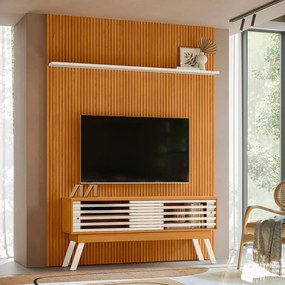 Painel TV 65 Pol 179cm Ripado Valen e Bancada Orlin M20 - D'Rossi - Cinamomo(fosco)/Off White(brilho)