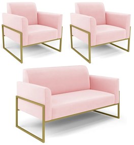 Sofá Namoradeira com 2 Poltronas Base Industrial Alta Dourado Marisa Suede D03 - D'Rossi - Rosa Bebê