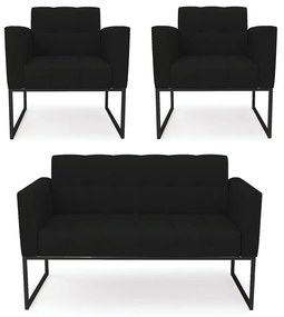 Kit 1 Sofá Namoradeira e 2 Poltronas Elisa Linho Base Metálica Industrial Preto - D'Rossi - A79 Preto