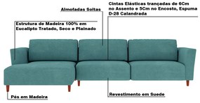 Sofá 290cm com Chaise Esquerda Franz Suede Turquesa - Gran Belo