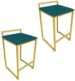 Conjunto 02 Banquetas Pietra Suede Base Dourado D03 - D'Rossi - Azul Pavão