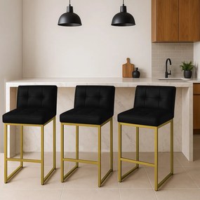 Banqueta Cozinha Alta com Encosto Industrial Kit 3 Dourado Lirina PU Preto C05 - D'Rossi