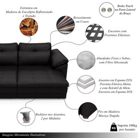 Sofá Retrátil Elétrico Sala de Estar Nolan Bipartido 379cm Conforto Premium em Couro Preto Brilho G58 - Gran Belo