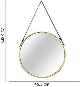 Espelho Adnet Dourado Com Alça de Couro Marrom 75,5x45,5 Cm - D'Rossi