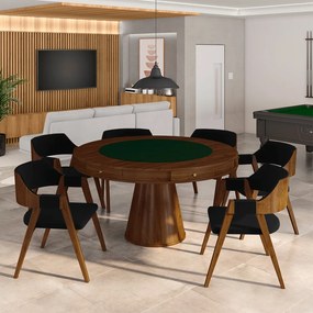 Conjunto Mesa de Jogos Carteado Bellagio Tampo Reversível e 6 Cadeiras Madeira Poker Base Cone Veludo Preto/Imbuia G42 - Gran Belo