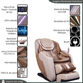 Poltrona Elétrica 3D Bivolt Reclinação Gravidade Zero Stark com Massagem Aquecimento Controle LCD Touch PU Bege G94 - Gran Belo