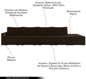 Sofá Ilha Modulado Milos 392cm Puff Lateral Veludo Marrom G33 - Gran Belo