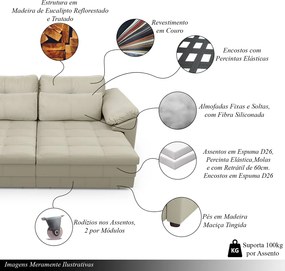 Sofá Retrátil Manual Sala de Estar Nolan Bipartido 332cm Conforto Premium em Couro OffWhite G58 - Gran Belo