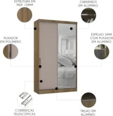 Guarda Roupa Solteiro 135cm 2 Portas e Espelho Delphi Avelã/Cinnamon L