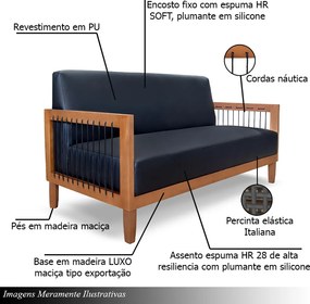 Sofá Namoradeira 2 Lugares Sala de Estar Pés Madeira Maciça Corda Náutica Preta 160cm Manila PU Preto G63 - Gran Belo