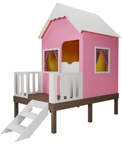 Casinha de Brinquedo Artesanal Rosa com Cercado e Escada Telhado Branco L12 - Gran Belo