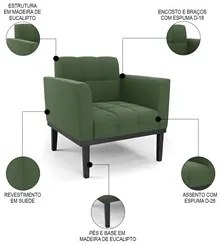 Sofá Namoradeira e 1 Poltrona Base Madeira Preto Ana Suede Verde - Ibi