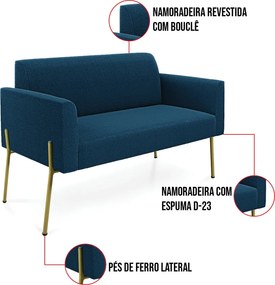 Sofá 2 Lugares Namoradeira Pé Ferro Dourado Marisa Bouclê Azul D03 - D'Rossi