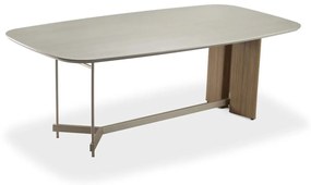 Mesa de Jantar Meyze Retangular Tampo com Vidro Pintado Pés e Travessa Aço Carbono Base Laminado Melamínico