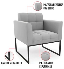 Kit 1 Sofá Namoradeira e 2 Poltronas Elisa Suede Cinza Base Metálica Industrial Preto D03 - D'Rossi