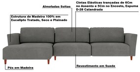 Sofá 350cm com Chaise Esquerda Franz Suede Grafite G52 - Gran Belo