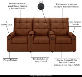 Poltrona do Papai Reclinável Sala de Cinema Movie 3 Lugares Manual Baú USB Veludo Terracota