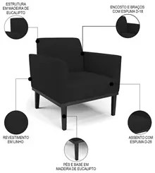 Poltrona Decorativa Base Madeira Preto Maressa Linho Preto - Ibiza
