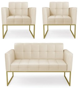 Kit 1 Sofá Namoradeira e 2 Poltronas Elisa Corino Base Metálica Industrial Dourado - D'Rossi - Bege