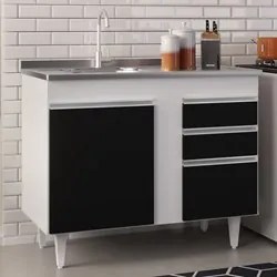 Balcão Gabinete Com Pia Inox 100cm 2 Portas 2 Gavetas Luziania Branco/