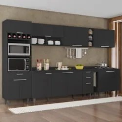 Armário de Cozinha Com Tampo CP07 340cm Pérola Preto Z34      - Mpozen