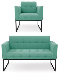 Kit 1 Sofá Namoradeira e 1 Poltrona Elisa Suede Base Metálica Industrial Preto D03 - D'Rossi - Azul Turquesa