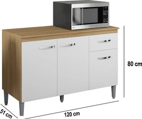 Balcão Cozinha com Tampo 120cm 3 Portas 1 Gaveta Michely Amêndoa/Branco A01 - D'Rossi