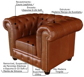Poltrona Sala de Estar Chesterfield com Pés Madeira Couro Conhaque Brilho G40 - Gran Belo