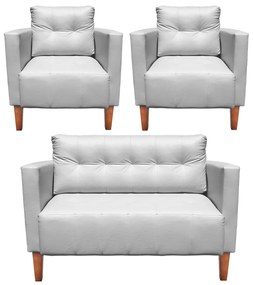 Kit 1 Sofá Namoradeira e 2 Poltronas Livia Corino Pés Chanfrado Castanho - D'Rossi - Branco