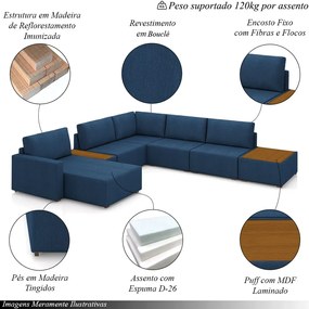 Sofá de Canto Decorativo Sala de Estar 603cm Modulado Takashi com Chaise e Puffs Bouclê Azul Petróleo G45 - Gran Belo