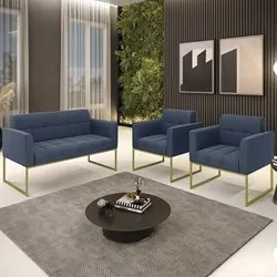 Sofá Namoradeira e 2 Poltronas Base Industrial Dourado Ana Suede Azul