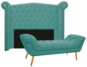 Kit Cabeceira e Calçadeira Veneza 140 cm Casal Suede Azul Tiffany - ADJ Decor
